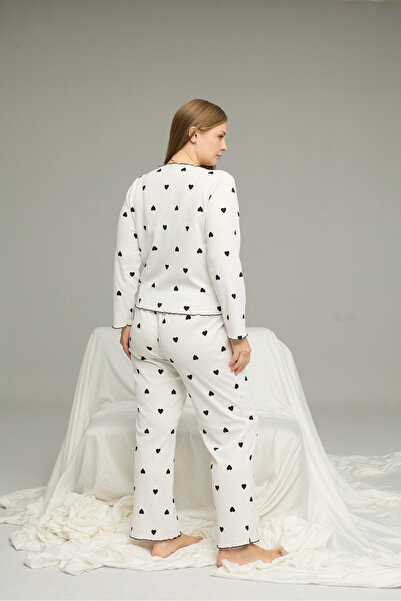 Siyah İnci beyaz desenli Büyük Beden Battal Pamuklu Fiyonklu Fitilli Örme Pijama Takım25228001-4