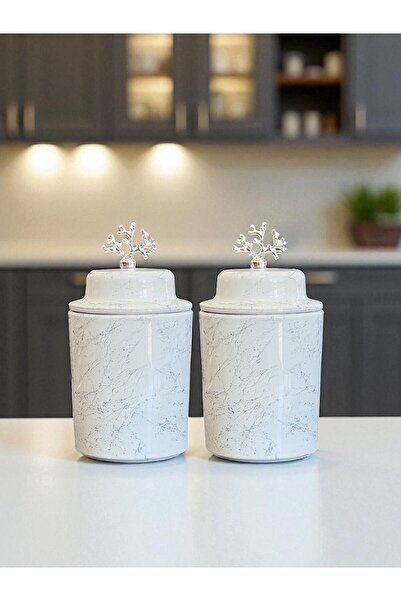 ferayhome طقم توابل مكون من قطعتين من السيراميك مع غطاء من الرخام الأبيض والفضي