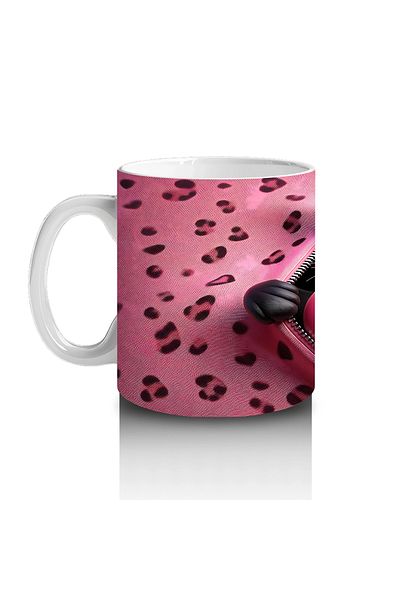 Luluyen Black Cat Hugging Heart Pillow on Leopard Patterned Floor - Printed Coffee Mug
