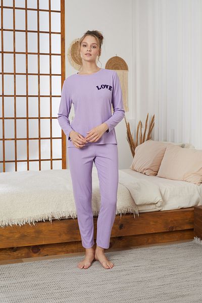 Siyah İnci Lila Love Embroidery Ribbed Knitted Pajamas Suit25226001