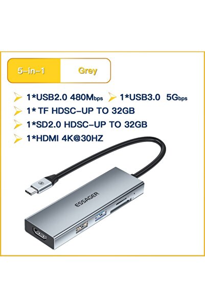 essager موزع USB-C 5 في 1 رمادي فضائي مع موزع HDMI-4K لأجهزة ماك بوك ومحول لأجهزة الكمبيوتر المحمولة
