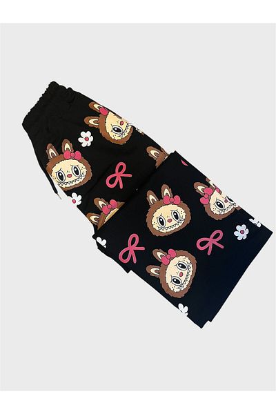 ALİŞ KİDS Girl's Cotton Black Color Labubu Patterned Long Sleeve Wide Leg Tracksuit Set