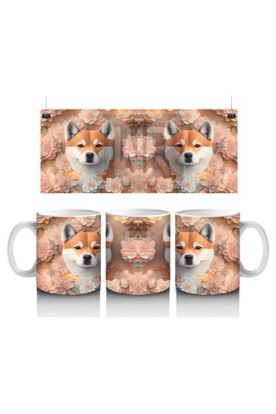 Luluyen Double Shiba Inu Portrait on Floral Background – Printed Mug