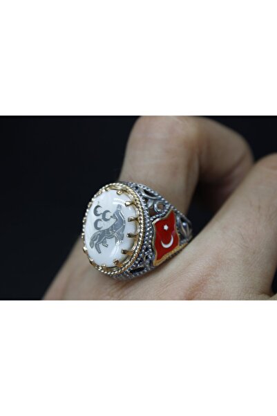 Senin Silver Türk Bayrak İşlemeli Mineli 925 Ayar Erkek Gümüş Yüzük