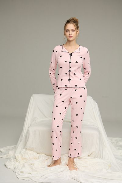 Siyah İnci Pink Heart Pattern Cotton Bow Tie Rib Knitted Pajamas Suit25226004-6
