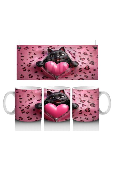 Luluyen Black Cat Hugging Heart Pillow on Leopard Patterned Floor - Printed Coffee Mug