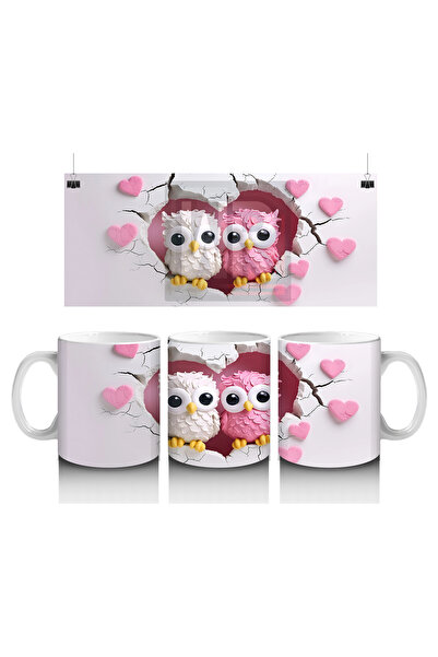 Luluyen Colorful Owl Couple on Heart Background – Printed Coffee Mug