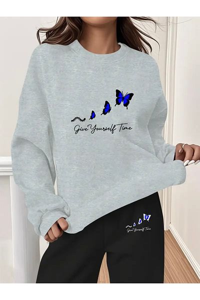 FUFLUNS Blue Butterfly Printed Oversize Unisex Cycling Collar Bottom/Up Tracksuit Set