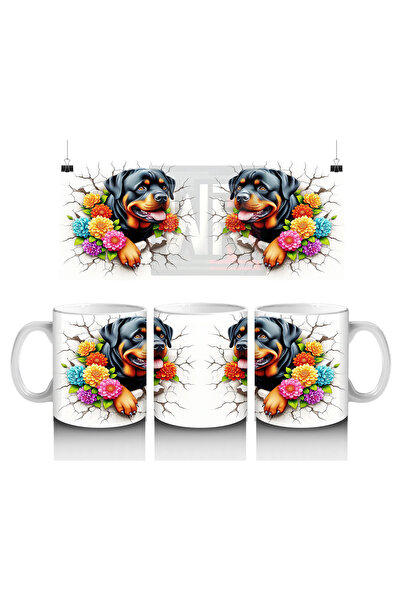 Luluyen Floral Crowned Cheerful Rottweiler Illustration – Printed Coffee Mug