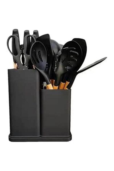 Tradeo 19pcs black silicone spatula set with holder—heat-resistant, BPA-free, safe for nonstick cookware.