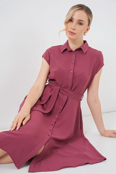 Merterium Women's Buttoned Belted Dress Dusty Rose 1011