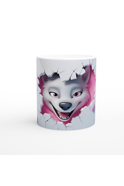 Generic Brand Cheerful Wolf Themed Printed Mug with Pink Background and Looki...
