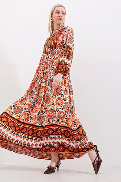 Merterium Women's Patterned Hijab Dress M.Brown 1010