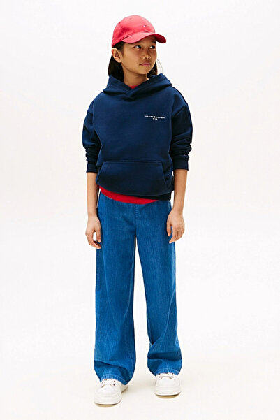 Tommy Hilfiger Unisex Çocuk Kapüşonlu Minimal Logo Baskılı Sweatshirt - Lacivert