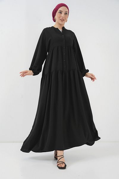 Merterium Women's Patterned Hijab Dress Black 1010