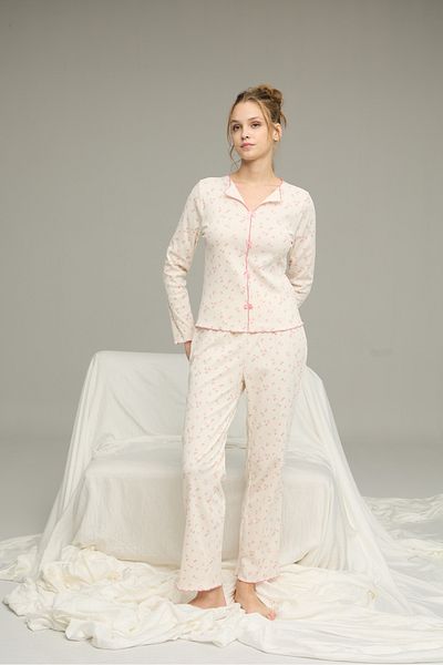 Siyah İnci Cream Floral Pattern Cotton Bow Tie Rib Knitted Pajamas Suit25226004-7