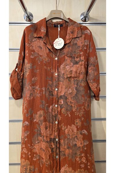 Park Moda Italian Long Linen Dress Tie Dye Rose Pattern