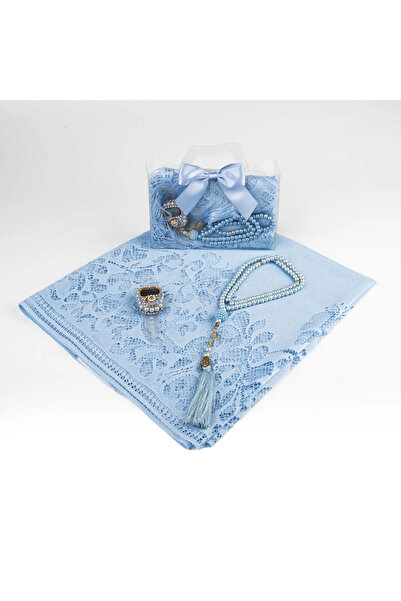 nurfemina Mavi Dantel Şal ve İncili Tesbih+Zikirmatik Hediye Seti - Şık Kutul...