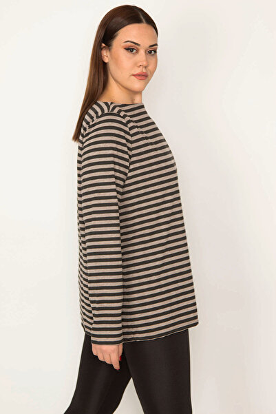 Şans Γυναικεία μακρυμάνικη ριγέ μπλούζα με γιακά ποδηλάτου σε μεγάλο μέγεθος 65N32228