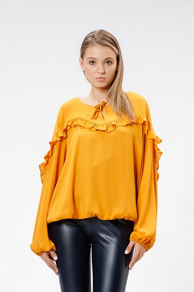 RVL Light blouse with appliquéd ruffle, red