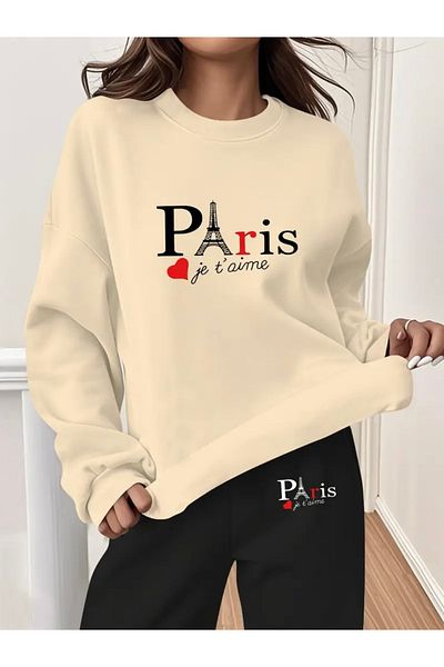 FUFLUNS Paris Je t'Aime Printed Oversize Unisex Cycling Collar Bottom/Upper Tracksuit Set