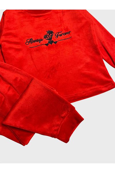 ALİŞ KİDS Girls' Velvet Red Flower Heart Patterned Crew Neck Cuff Elastic Long Sleeve Pajama Set