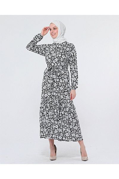 BNZ TEKSTİL Viscose Fabric Ruffle Belted Tettured Dress