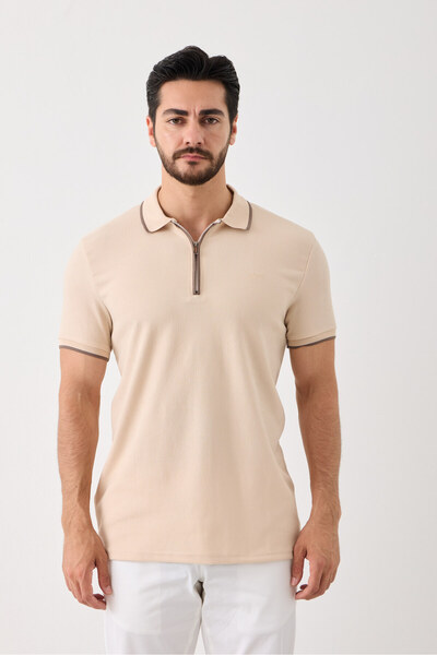 Yardalı Short Sleeve Men's T-Shirt - Polo Neck, Zippered, Dot Pattern, Stretching, Non-Pilling Fabric Alba