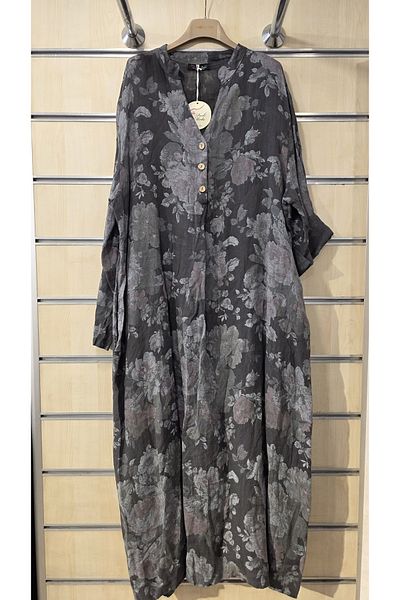 Park Moda Italian Long Linen Dress Rose Pattern Long Sleeve