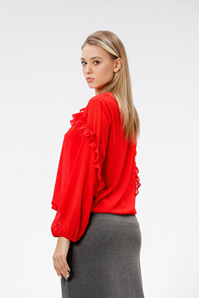 RVL Light blouse with appliquéd ruffle, red