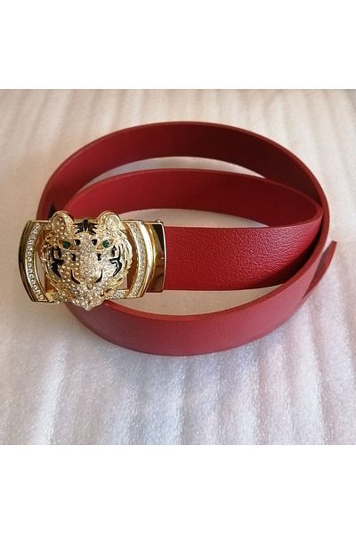 Butik Tülin Unisex Authentic Genuine Cowhide Leather Red Gold Shiny Crystal Stone Tiger Head Automatic Buckle Belt