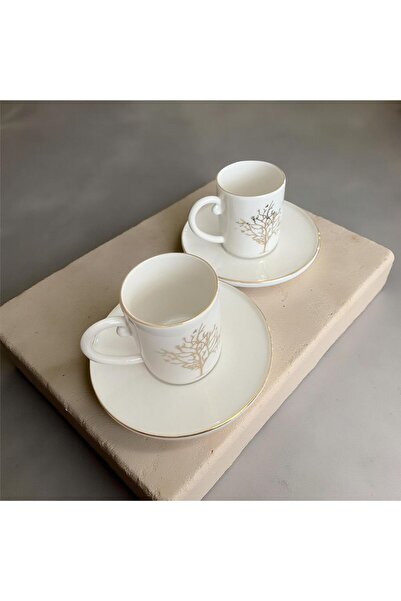PS Porcelain 4 Parça 2 Kişilik Altın Hayat Ağacı Porselen Kahve Fincan Takımı