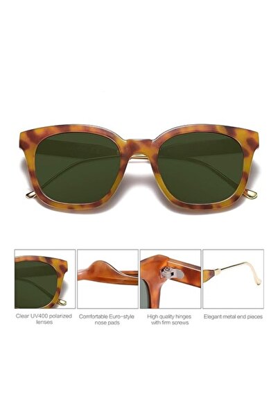 GERICOM Ladies' Sunglasses, Square Shape, Polarized, UV Filter, Green Lens, Metal and Polycarbonate, Leopard