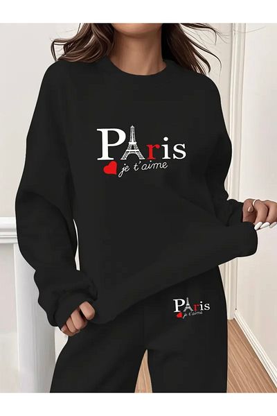 FUFLUNS Paris Je t'Aime Printed Oversize Unisex Cycling Collar Bottom/Upper Tracksuit Set