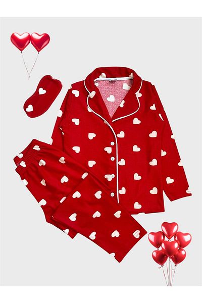 ALİŞ KİDS Girls' Cotton Suede Fabric Red Heart Patterned Shirt Collar Buttoned Sleepwear Set with Glasses