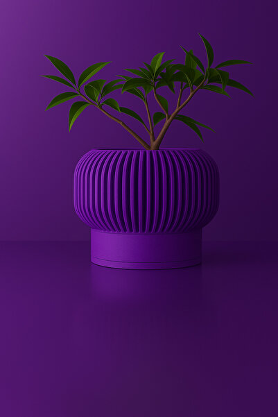 Dekoratif Drenajlı Çizgili 3D Saksı + Altlık Seti