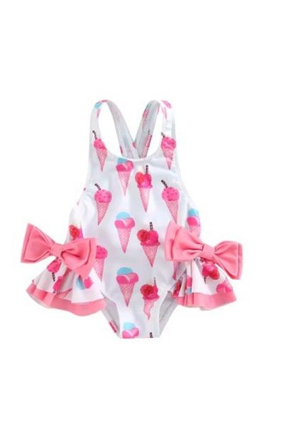 Petityu White Pink Ice Cream Swimsuit with Cross Back Side Bow Detail