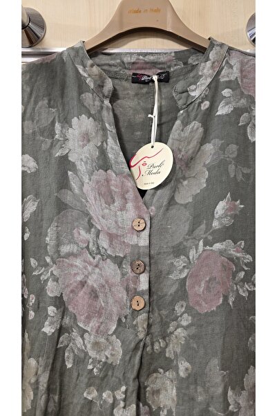 Park Moda Italian Long Linen Dress Rose Pattern Long Sleeve