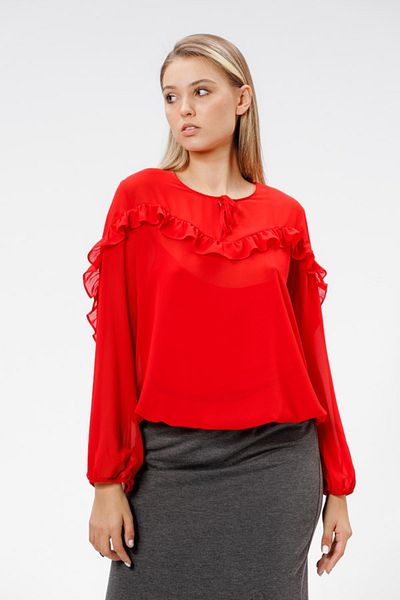 RVL Light blouse with appliquéd ruffle, red