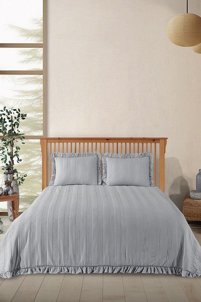 Violacasa Asian Ruffled Double Bedspread Set Gray