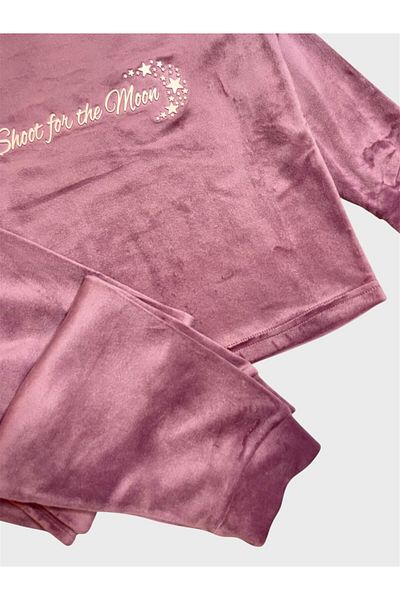 tusem butik homewear Girls' Velvet Purple Color Star Patterned Crew Neck Long Sleeve Pajama Set with Elastic Legs