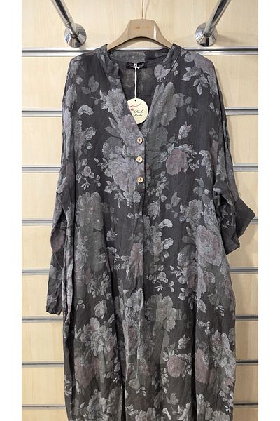 Park Moda Italian Long Linen Dress Rose Pattern Long Sleeve