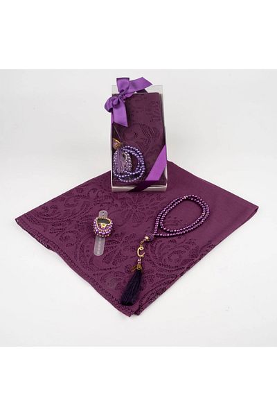 nurfemina Purple Lace Shawl and Pearl Prayer Beads + Dhikr Gift Set - Special Boxed, Stylish Hijab Accessory