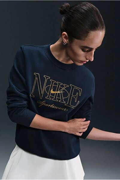 Nike Shıne Logo Crew Lacivert Standart Kesim Kadın Sweatshirt
