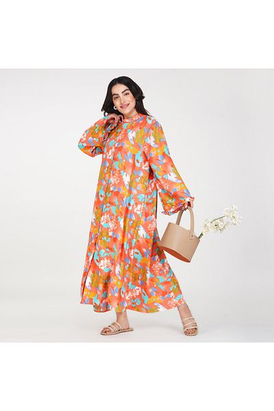 LINELLE Orange Base Maxi Dress with Soft Multicoloured Abstract Prints