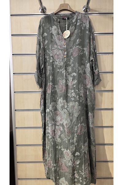 Park Moda Rochie lungă italiană din in, model trandafir, mânecă lungă