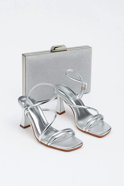 MFT AYAKKABI Women's Summer Silver Faux Leather Heeled Shoes and Bag Set