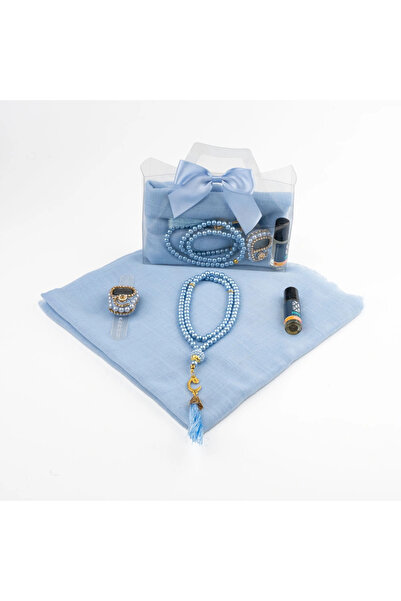 nurfemina Mavi Eşarp Esans ve İncili Tesbih+Zikirmatik Hediye Seti - Şık Kutu...