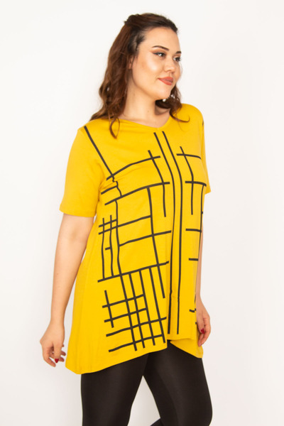Şans Women's Plus Size Mustard, V-Neck Front Printed Tunic 65N39062