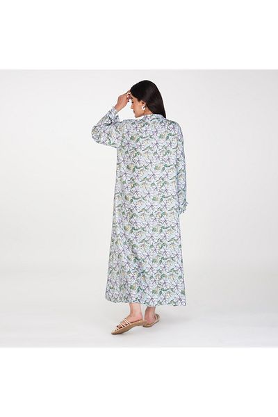 LINELLE White Base Maxi Dress with Soft Floral Prints and Frilled Cuffs